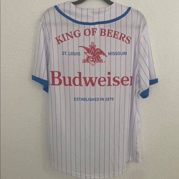NWT- Budweiser Blue-Trimmed Striped baseball Jersey- Size large - Picture 7 of 10